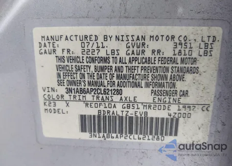 2012 Nissan Sentra 2.0 Sr z USA, uszkodzony, nr VIN 3N1AB6AP2CL621280